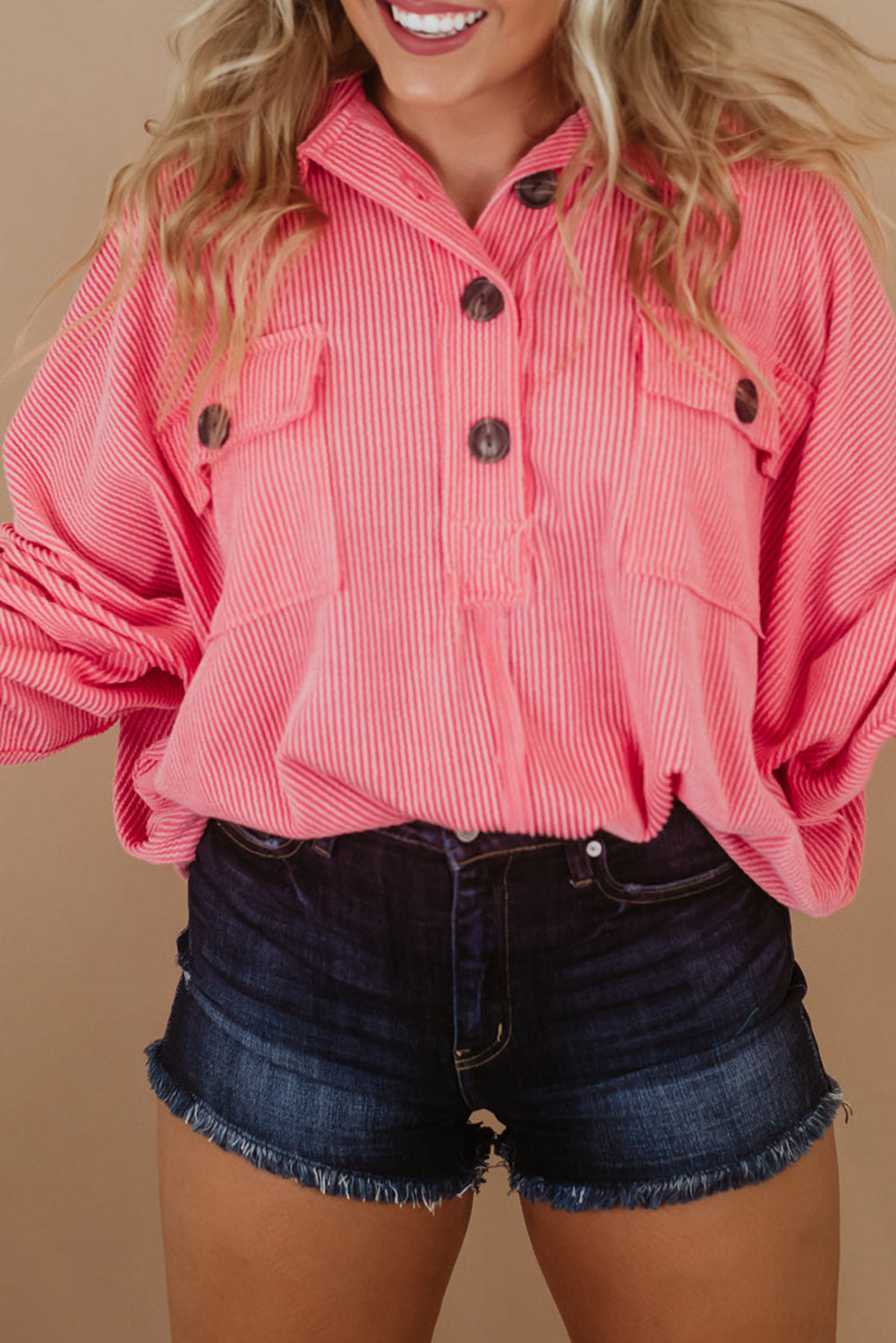 Haut Henley vert côtelé à manches longues et poches, grande taille 