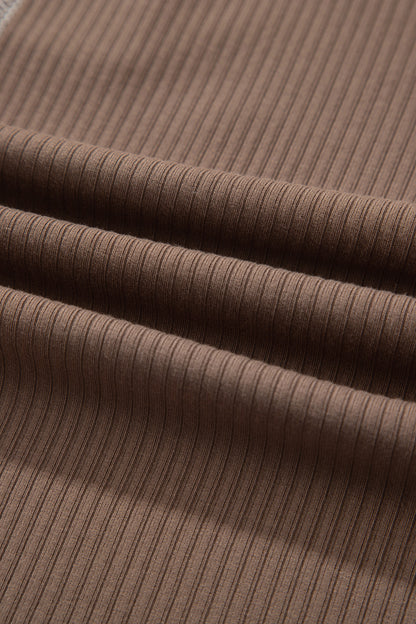 Dark Khaki V Neck Ribbed Stitched Detail Long Sleeve Top