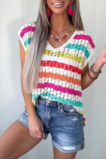 Multicolour Striped Eyelet Knit V Neck Sweater Tee