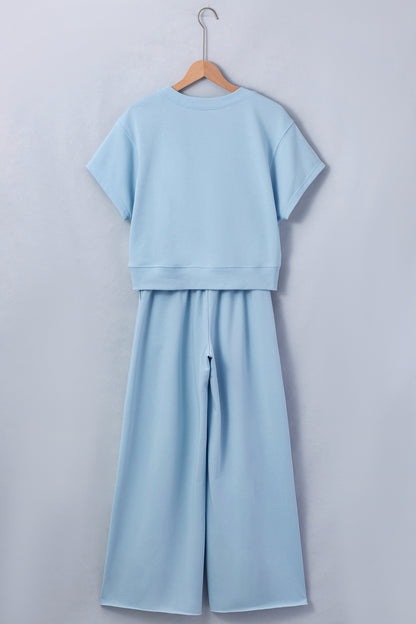 Light Pink Solid Color Loose Tee Drawstring Wide Leg Pants 2pcs Outfit