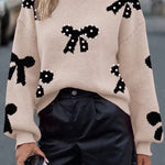 Smoke Gray Pearl Embellished Bow Pattern Loose Sweater