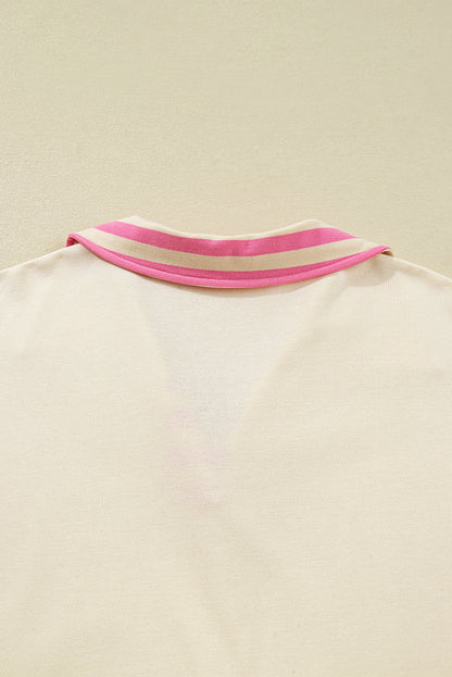 Pink Stripe Contrast Polo Collar Drop Shoulder Patchwork Plus Size Pullover