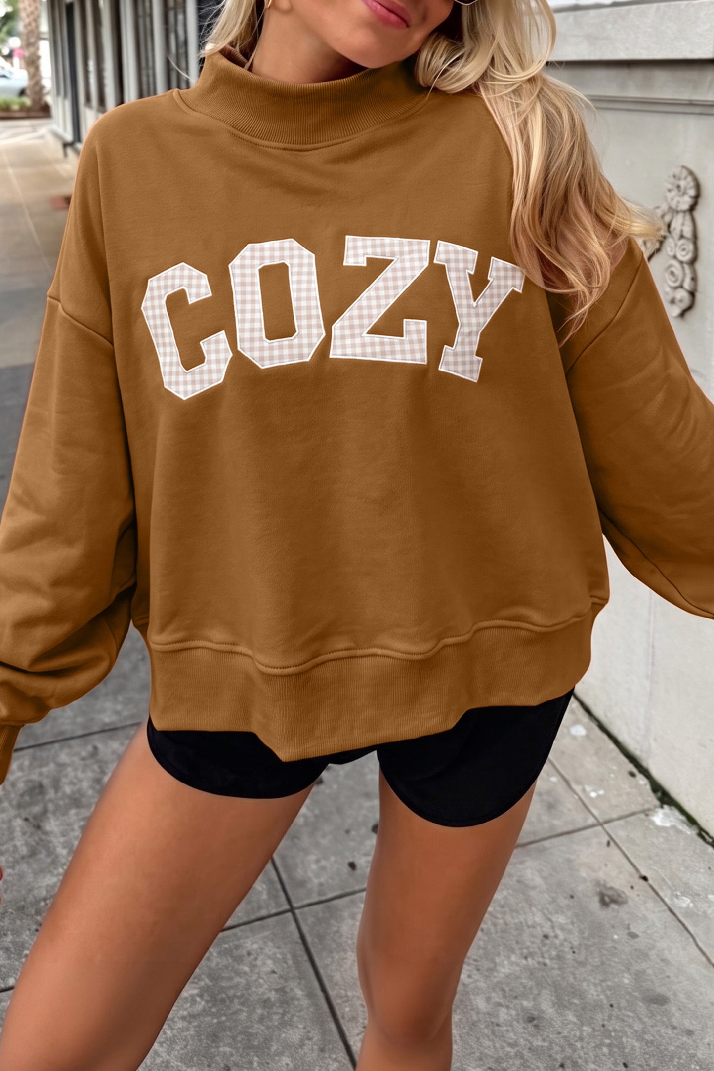 Chestnut Stay Salty Embroidered Long Sleeve Stand Neck Shift Pullover Sweatshirt