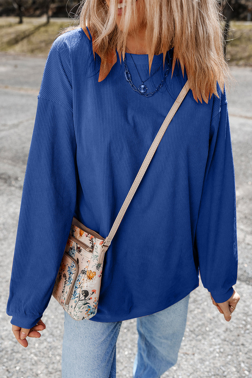 Sweat-shirt oversize en velours côtelé bleu foncé