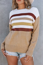Khaki Crew Neck Striped Long Sleeve Sweater