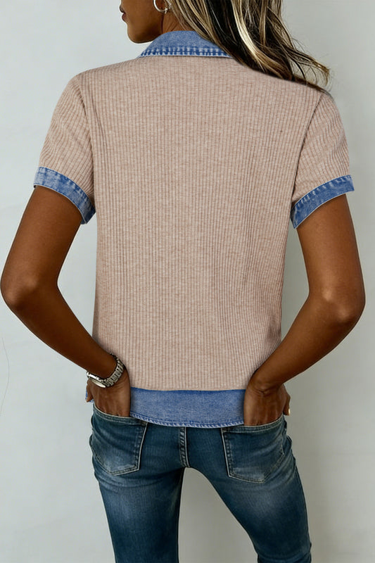 Beige Ribbed Knit Denim Color Block Patchwork Button Detail Collared Blouse