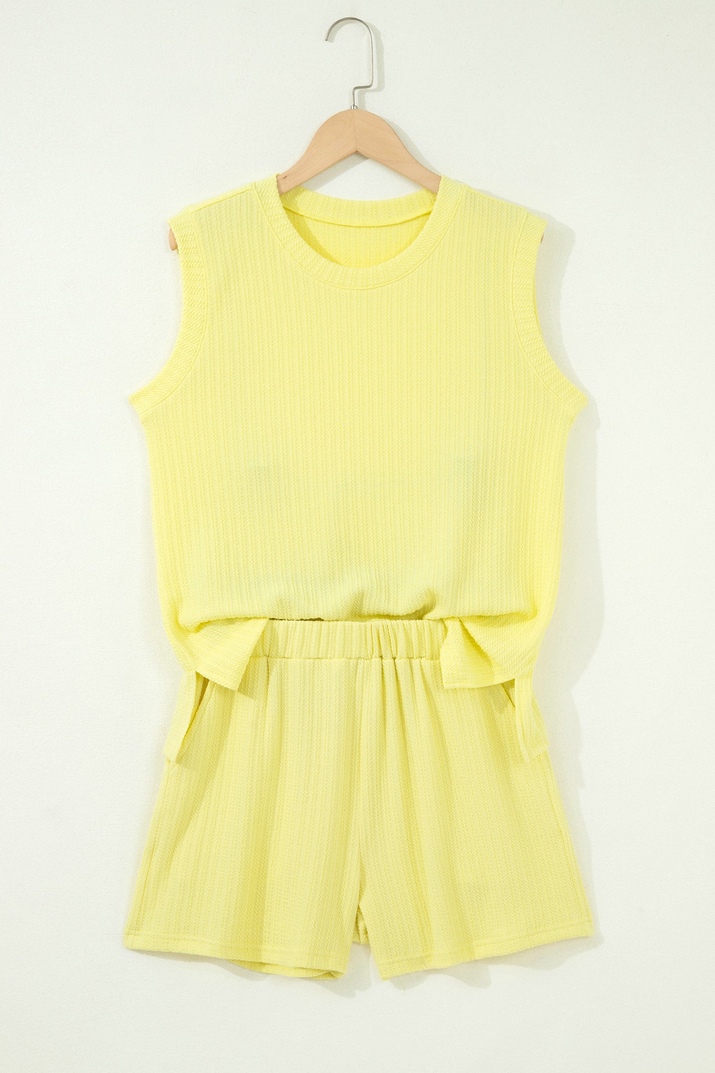 Yellow Cream Solid Color Textured Loose Tank Casual Shorts 2pcs Outfit