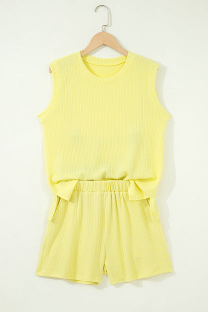 Yellow Cream Solid Color Textured Loose Tank Casual Shorts 2pcs Outfit