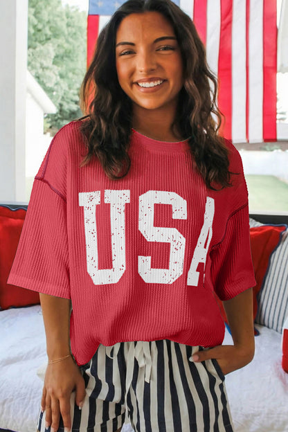 Fiery Red USA Graphic Half Sleeve Loose Ribbed Top