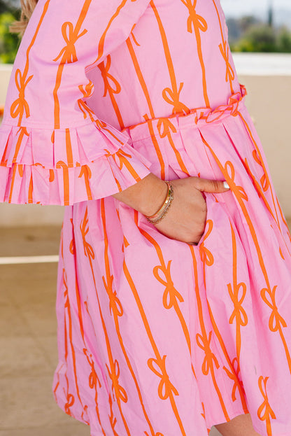 Robe chemise courte à volants et rayures, rose, avec nœud papillon