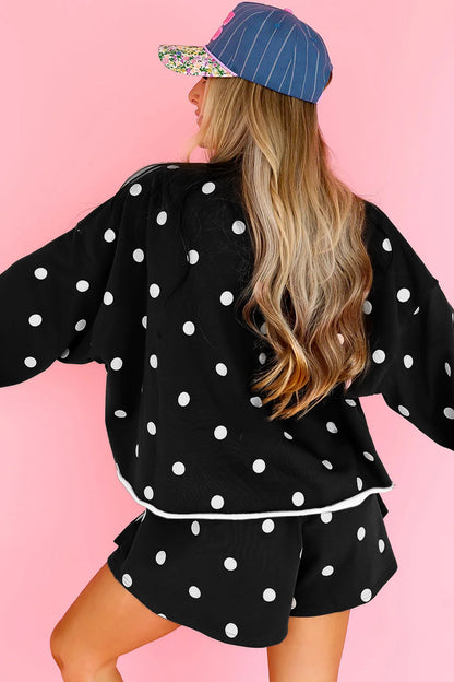 Black Polka Dot Raw Hem Relaxed Pullover Loose Skort Two Piece Set