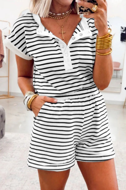 Black Stripe Half Buttons Top and Shorts Set