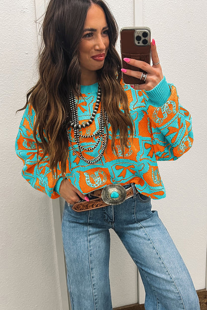 Light Blue Bows & Horseshoes Pattern Western Fashion Print Sweater