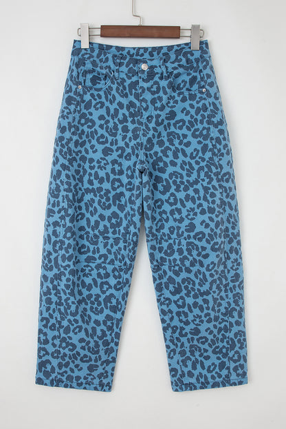 Sky Blue Leopard Print Barrel Leg Jeans