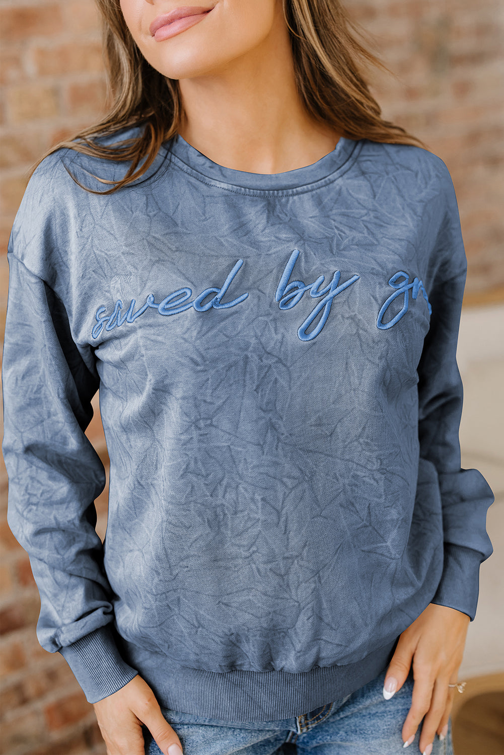 Sea Green saved by grace Letter Embroidery Mineral Wash Loose Sweatshirt