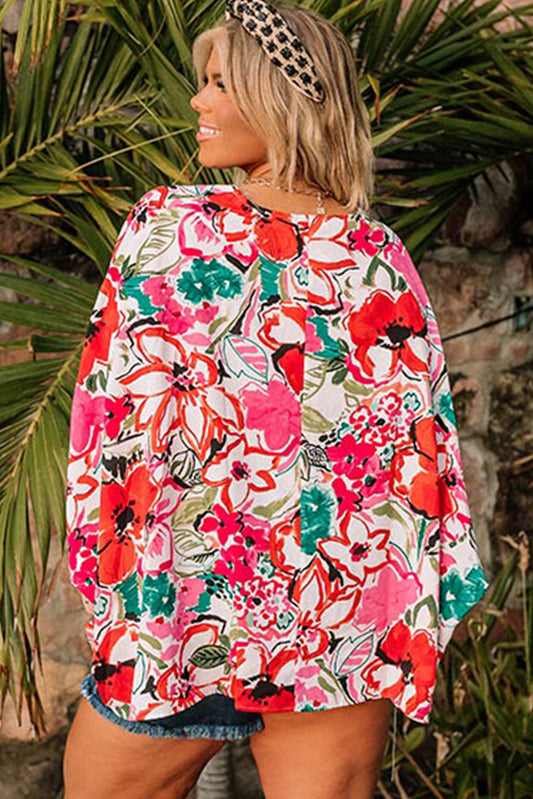 Plus Size Floral Print Kimono Sleeve Shirt
