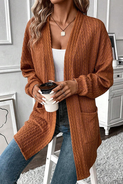 Cardigan ouvert sur le devant en tricot texturé marron avec poches latérales