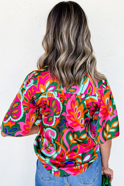 Rose Summer Plant Print Lace up V Neck Short Sleeve Blouse
