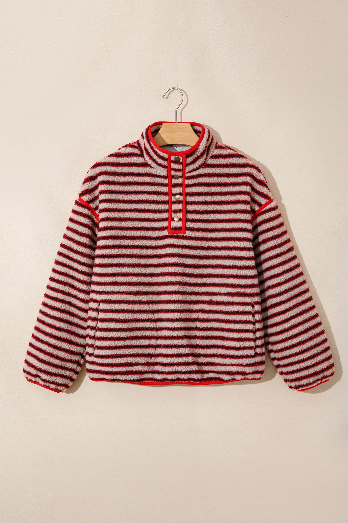 Red Striped Fuzzy Colorblock Button Placket Sweatshirt