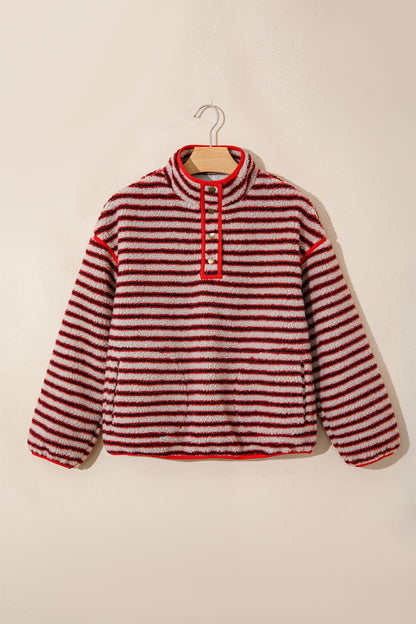 Red Striped Fuzzy Colorblock Button Placket Sweatshirt
