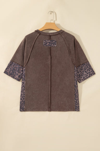 Coffee Mineral Wash Exposed Seam Leopard Star Patched T Shirt