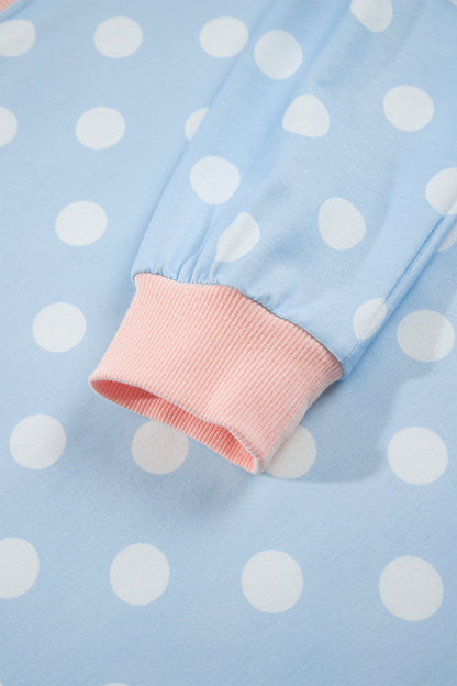 Sky Blue Polka Dot Contrast Trim Long Sleeve Top Drawstring Shift Pants Set
