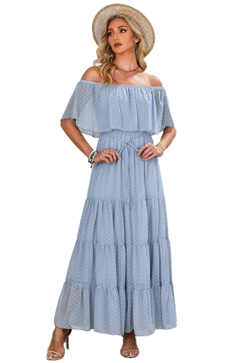 Yellow Yellow Off Shoulder Ruffle Swiss Dot Maxi Dress