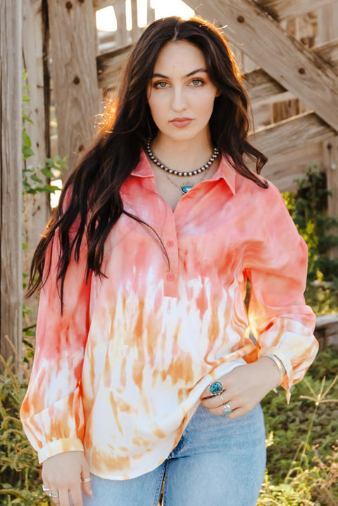 Tie Dye Print Lace-up Buttoned Henley Top