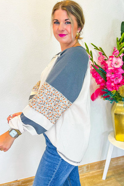 Haut raglan en maille gaufrée à motif patchwork floral blanc