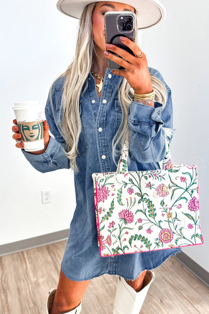 Blue Beau Chest Pocket Raw Hem Denim Loose Shirt Dress