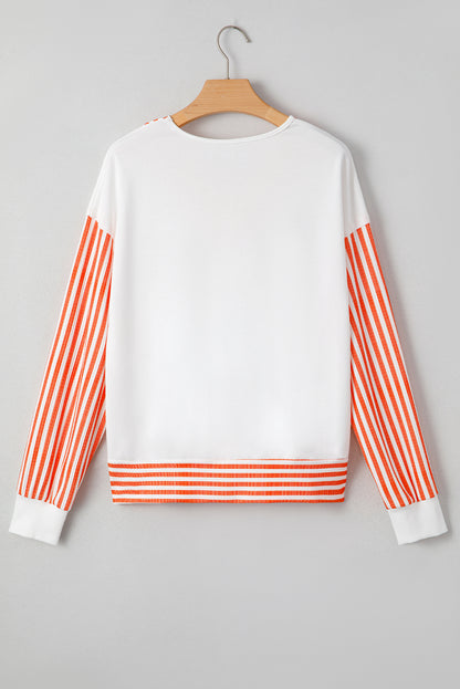 Orange Stripe  V Neck Drop Shoulder Patchwork Long Sleeve Top