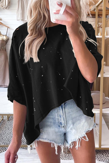 Haut à manches courtes et ourlet asymétrique délavé et vieilli