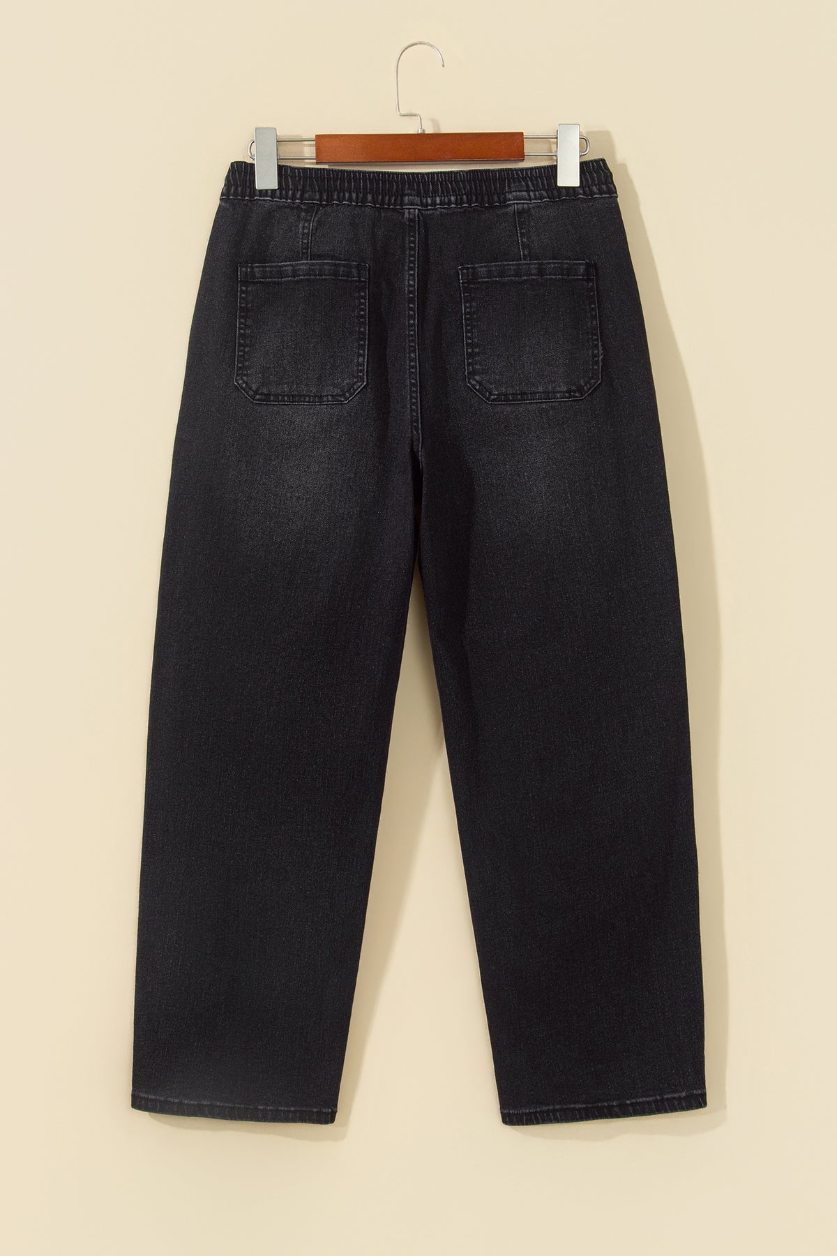 Black Drawstring Waist Ankle Length Casual Jeans Regular Fit Pocket Detail Denim Pants