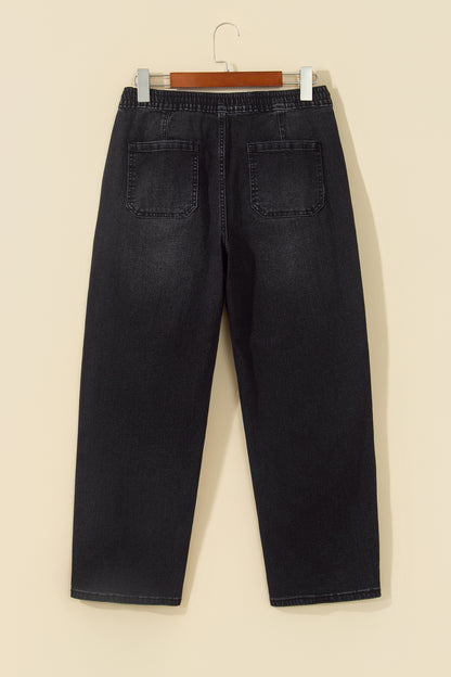 Black Drawstring Waist Ankle Length Casual Jeans Regular Fit Pocket Detail Denim Pants