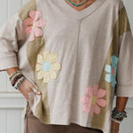 Green Flower Patched Exposed Seam Bracelet Sleeve Oversized T Shirt