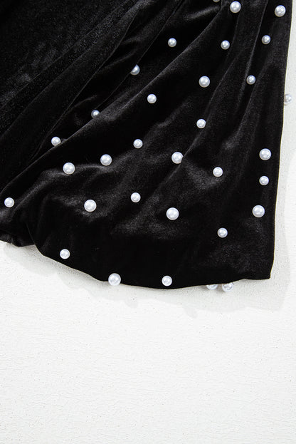 Haut en velours à manches mi-longues et perles noires