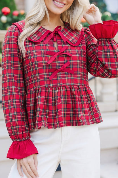 Red Plaid Tie Neck Ruffle Cuffs Long Sleeve Shift Blouse