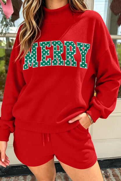 Red Christmas Slogan Print Mock Neck Pullover and Shorts Set