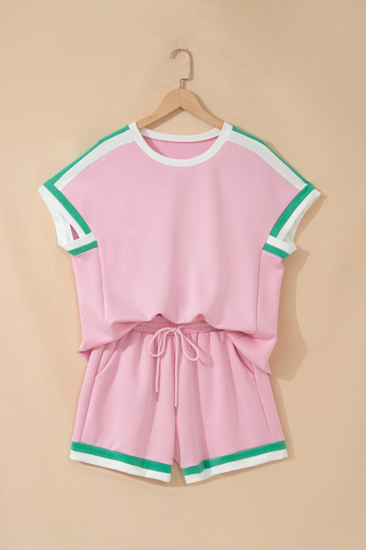 Bonbon Striped Trim Casual Tee Drawstring Shorts 2pcs Set