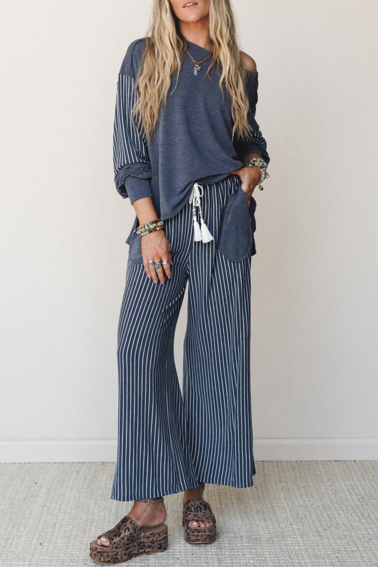 Real Teal Raw Seam Patchwork Long Sleeve Top Pocket Casual Pants 2pcs Set