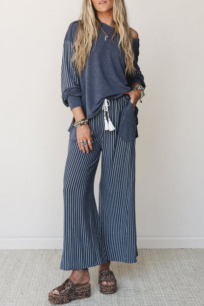 Real Teal Raw Seam Patchwork Long Sleeve Top Pocket Casual Pants 2pcs Set