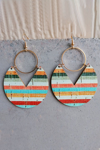Pendientes colgantes de madera redondos con muesca y patrón de rayas multicolores
