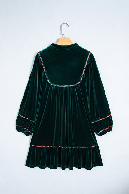Blackish Green Leopard Trim Velvet Long Sleeve Shift Dress