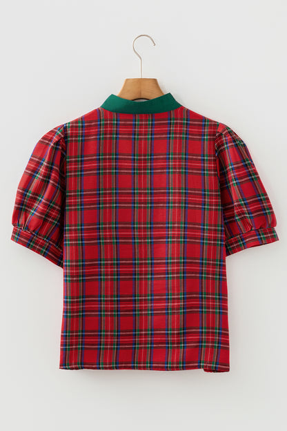 Red Plaid Print Contrast Trim V Neck Short Sleeve Blouse