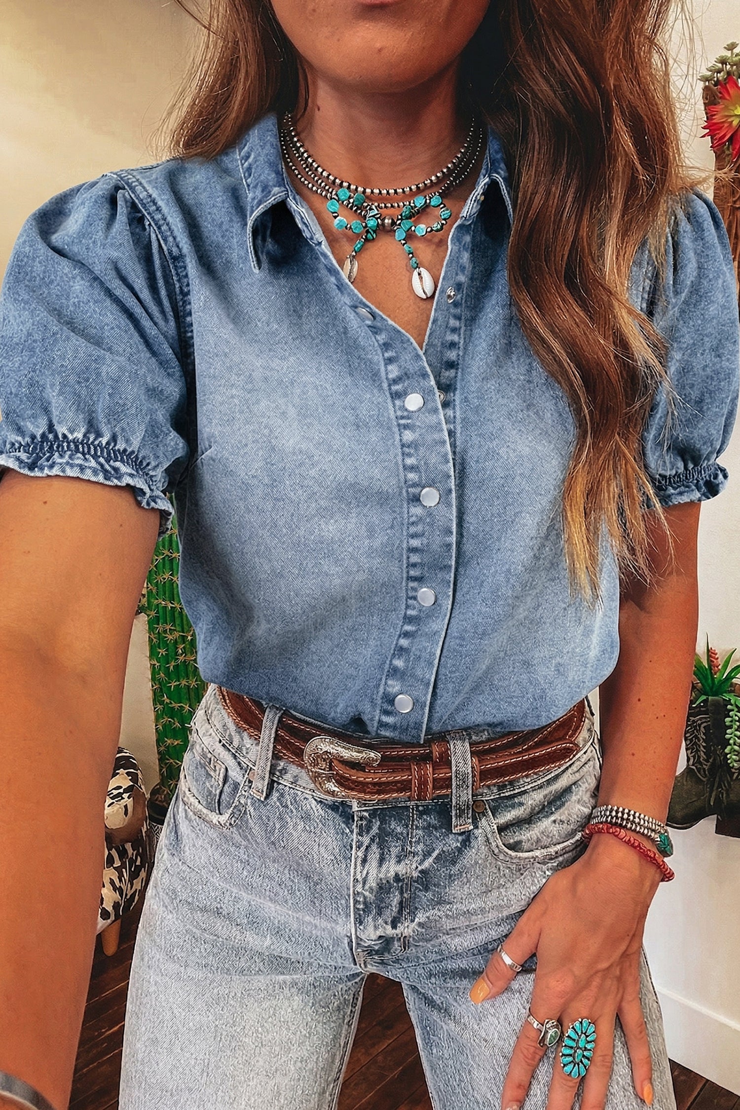 Beau Blue Frilled Short Sleeve Snap Button Denim Shirt