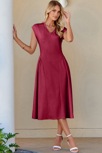 Red Dahlia Solid Color V Neck Pleated Flared Midi Dress