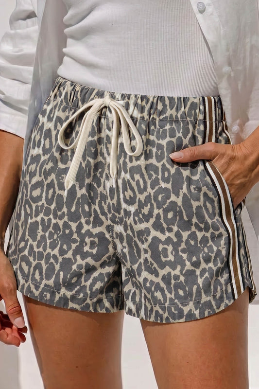 Multicolour Leopard Pattern Striped Detail Drawstring Denim Shorts