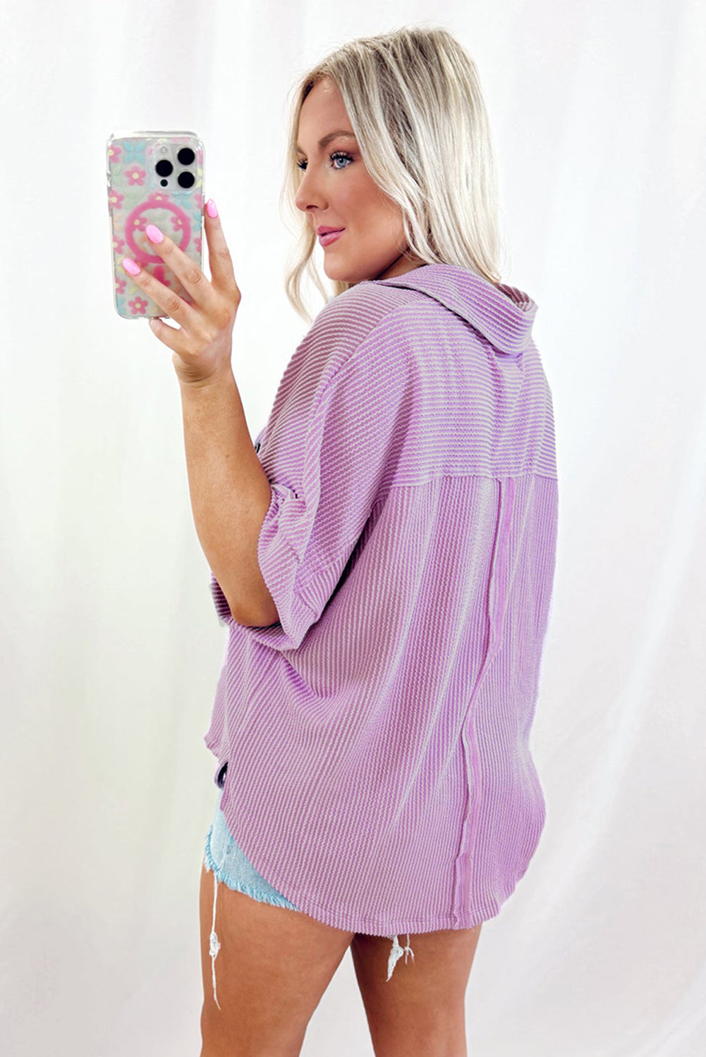 Chemisier à manches courtes boutonné avec poche à rabat et cordon de serrage Orchid Bouquet