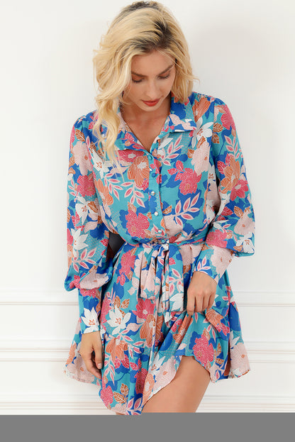 Robe chemise ceinturée à manches lanternes et imprimé floral bleu