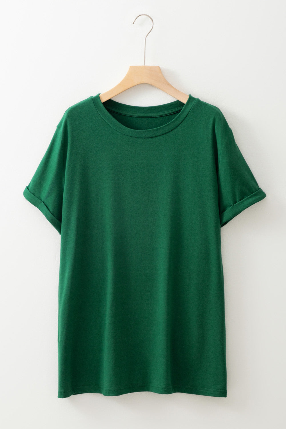 T-shirt vert foncé à col rond et manches retroussées grande taille